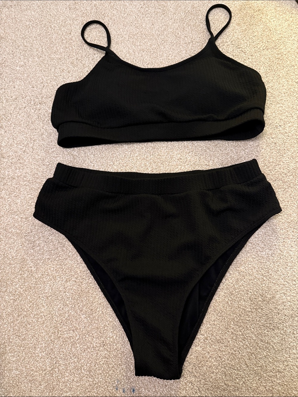 Black Ribbed High-Waist Bikini Set